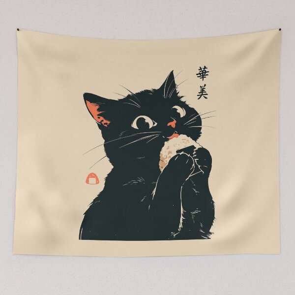 Item preview, Black Cat Eating Onigiri Rice Ball Japanese designed and sold by mustbewhy.