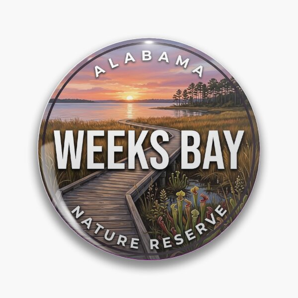 Artikelvorschau, Weeks Bay Reserve Alabama Runder Reiseausweis Aufkleber entworfen und verkauft von DetourDgn.