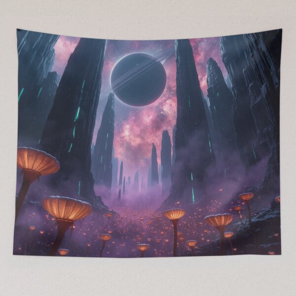 Item preview, Ringed Planet Above Glowing Alien Canyon Flora designed and sold by monkeybusiness.pt.