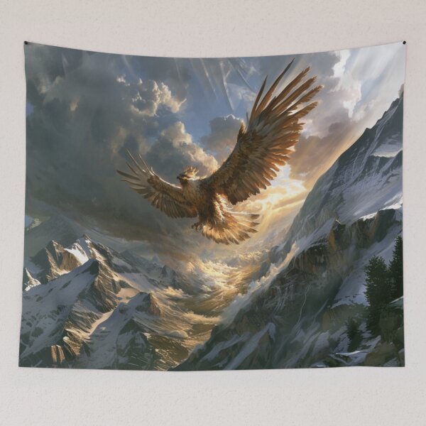 Artikelvorschau, Ein prächtiger Donneradler, der kraftvoll über einem weiten Gebirgstal kreist. Fantasy- und Mythologiewesen entworfen und verkauft von CDC40.