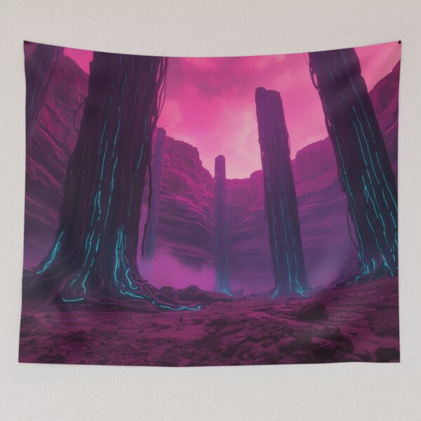 Item preview, Glowing Cyan Veined Pillars In Crimson Alien Canyon designed and sold by monkeybusiness.pt.