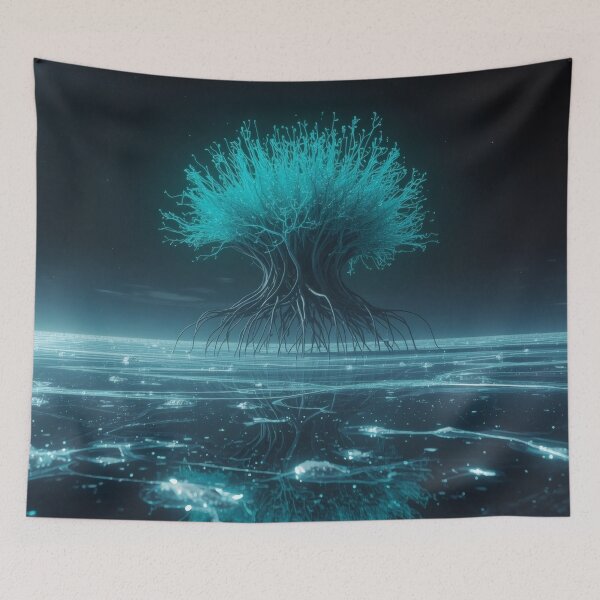 Item preview, Bioluminescent Cyan Tree On Reflective Alien Ocean designed and sold by monkeybusiness.pt.
