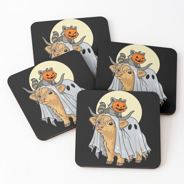 Item preview, • Cute Highland Cow in Ghost Costume with Pumpkin Raccoon 2 designed and sold by PalettePop..