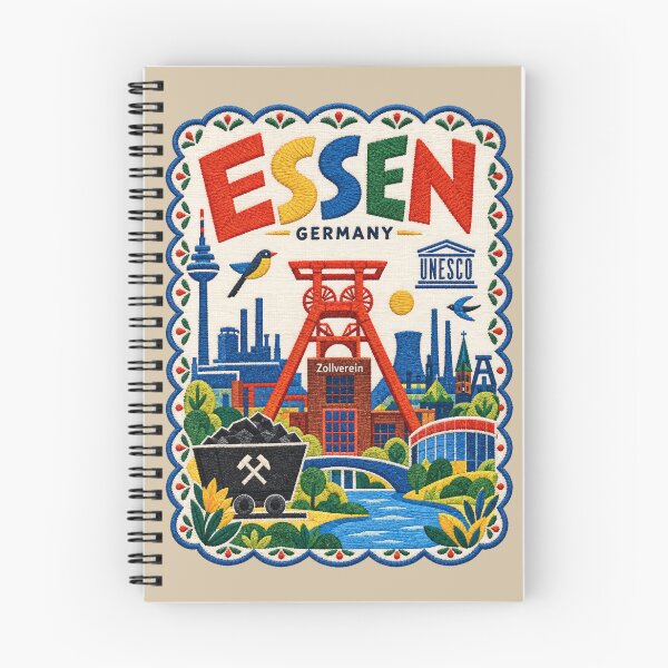 Item preview, Essen Germany Travel Illustration Embroidered Folk Art Stitched Industrial Heritage Print designed and sold by Witsprings.