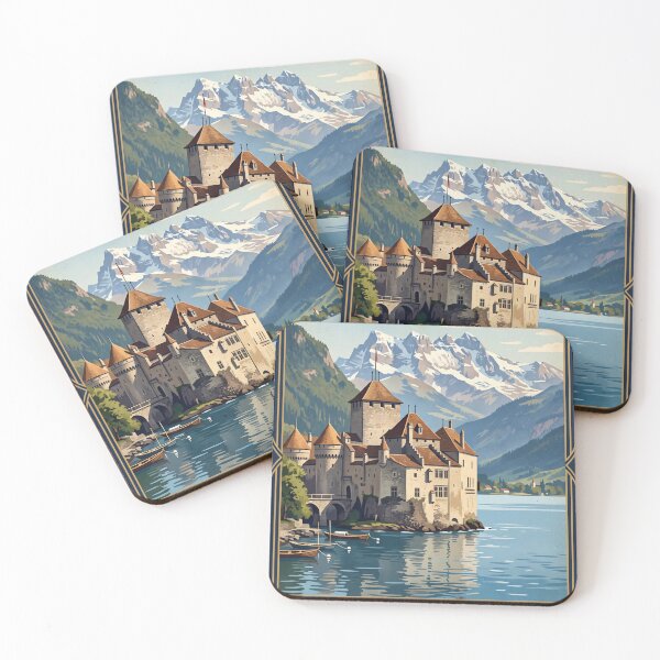 Aperçu de l'œuvre Château de Chillon, Suisse, Voyage vintage – Lac Léman, Château médiéval de Montreux créée et vendue par Bomax121.