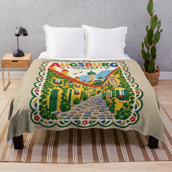 Item preview, Augsburg Germany Travel Art Illustration Embroidered Folk Art Stitched Fuggerei Print designed and sold by Witsprings.