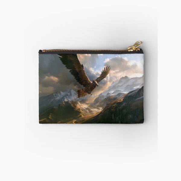 Artikelvorschau, Ein prächtiger Donneradler, der kraftvoll über einem weiten Gebirgstal kreist. Fantasy- und Mythologiewesen entworfen und verkauft von CDC40.