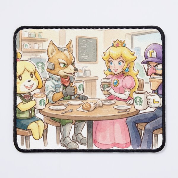 Artikelvorschau, Isabelle aus Animal Crossing, Fox McCloud, Prinzessin Peach und Waluigi trinken Kaffee bei Starbucks. entworfen und verkauft von gorillazone_co.