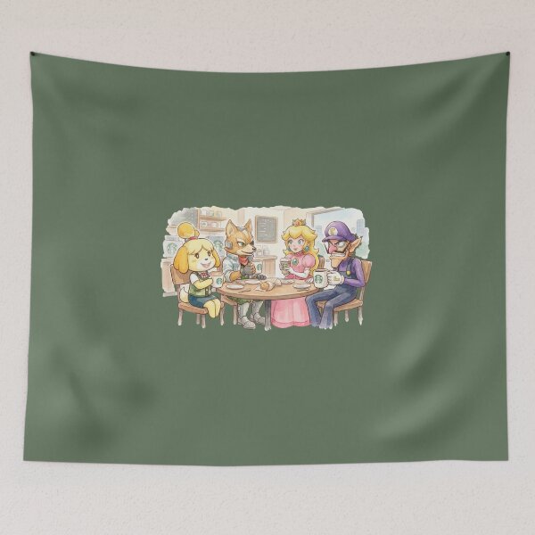 Artikelvorschau, Isabelle aus Animal Crossing, Fox McCloud, Prinzessin Peach und Waluigi trinken Kaffee bei Starbucks. entworfen und verkauft von gorillazone_co.