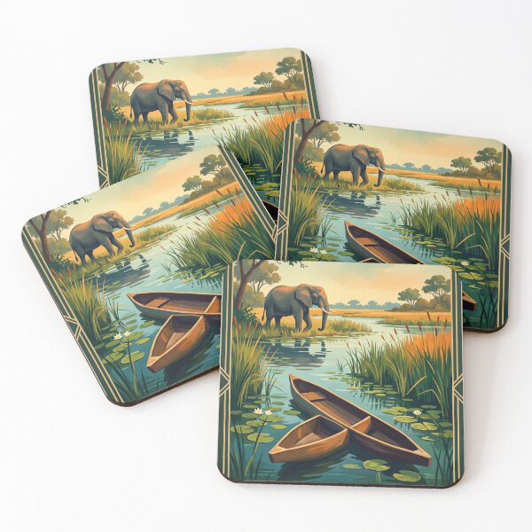 Item preview, Okavango Delta Botswana Vintage Travel – Mokoro Boat Elephants Papyrus Channels designed and sold by Bomax121.