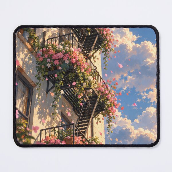 Item preview, Flower Covered Fire Escape Under a Dreamy Summer Sky designed and sold by H-Tsvetkova.