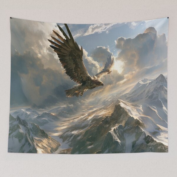 Artikelvorschau, Ein prächtiger Donneradler, der kraftvoll über einem weiten Gebirgstal kreist. Fantasy- und Mythologiewesen entworfen und verkauft von CDC40.