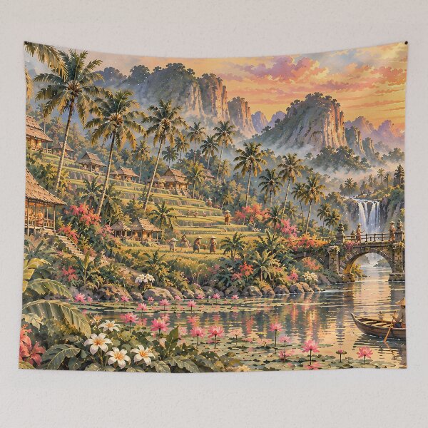 Item preview, Bali Ubud Tropical Paradise with Palm Trees Rice Terraces and Lotus Lake at Golden Sunset designed and sold by Jozefin's Studio.