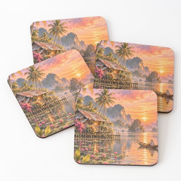 Item preview, Tropical Sunset Over Lotus Lake with Stilt House and Fisherman Boat Bali Golden Hour designed and sold by Jozefin's Studio.