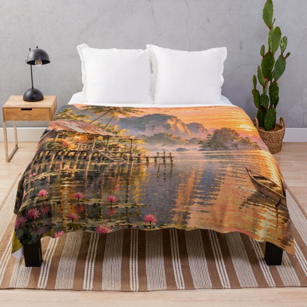 Item preview, Tropical Sunset Over Lotus Lake with Stilt House and Fisherman Boat Bali Golden Hour designed and sold by Jozefin's Studio.