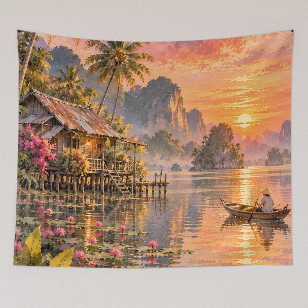 Item preview, Tropical Sunset Over Lotus Lake with Stilt House and Fisherman Boat Bali Golden Hour designed and sold by Jozefin's Studio.