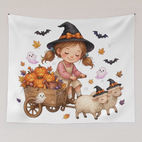 Item preview, Cute Witch Girl with Lambs Sticker, Spooky Halloween Pumpkin Wagon Gift designed and sold by HoMya.