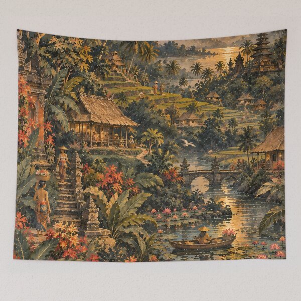Item preview, Bali Jungle Temple with Rice Terraces and Lotus Lake Boat at Tropical Sunset designed and sold by Jozefin's Studio.