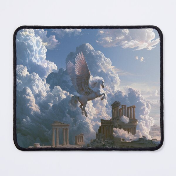 Item preview, A majestic Pegasus flying through brilliant white clouds above ancient temples, Fantasy & Mythological Creatures designed and sold by CDC40.