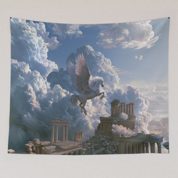 Item preview, A majestic Pegasus flying through brilliant white clouds above ancient temples, Fantasy & Mythological Creatures designed and sold by CDC40.