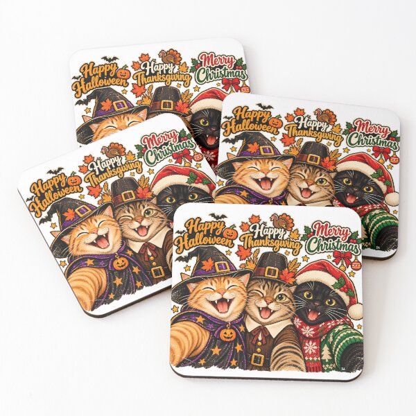 Item preview, Happy Halloween Thanksgiving Christmas Cats Holiday Trio T-Shirt designed and sold by DesignArtist.ia.