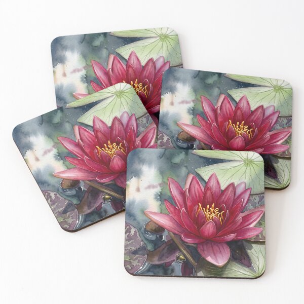 Item preview, Red Water Lily & Lily Pads — Botanical digital Watercolor Art designed and sold by M.ALK.Watercolor.
