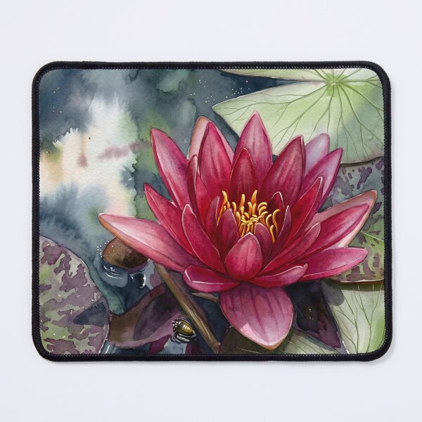 Item preview, Red Water Lily & Lily Pads — Botanical digital Watercolor Art designed and sold by M.ALK.Watercolor.