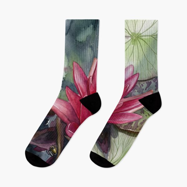 Item preview, Red Water Lily & Lily Pads — Botanical digital Watercolor Art designed and sold by M.ALK.Watercolor.