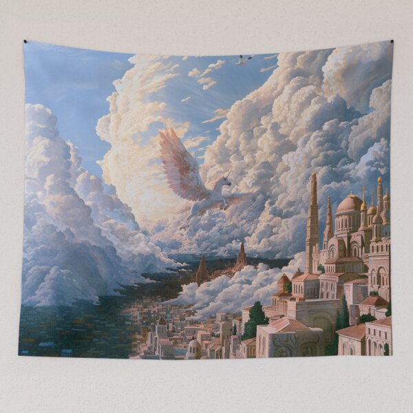 Item preview, A majestic Pegasus flying through brilliant white clouds above ancient temples, Fantasy & Mythological Creatures designed and sold by CDC40.