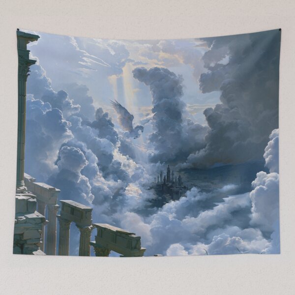 Item preview, A majestic Pegasus flying through brilliant white clouds above ancient temples, Fantasy & Mythological Creatures designed and sold by CDC40.