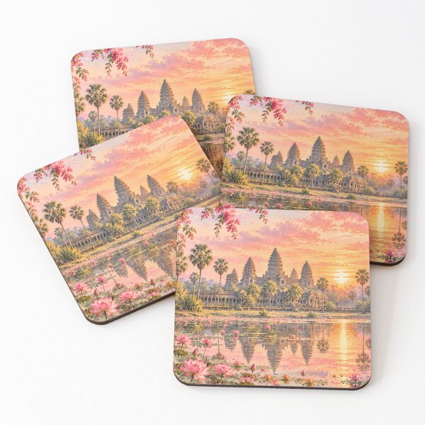 Item preview, Angkor Wat Temple Reflection on Pink Lotus Lake at Golden Sunset with Bougainvillea designed and sold by Jozefin's Studio.