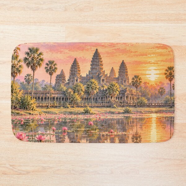Item preview, Angkor Wat Temple Reflection on Pink Lotus Lake at Golden Sunset with Bougainvillea designed and sold by Jozefin's Studio.