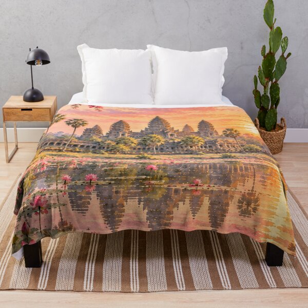 Item preview, Angkor Wat Temple Reflection on Pink Lotus Lake at Golden Sunset with Bougainvillea designed and sold by Jozefin's Studio.
