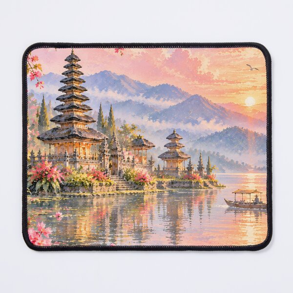 Item preview, Pink Bougainvillea and Bali Temple on Serene Lake at Golden Sunset with Lotus designed and sold by Jozefin's Studio.