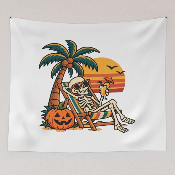 Item preview, Retro Beach Skeleton Halloween Sticker - Tropical Summerween Sunset Art designed and sold by VYBEHAUS.