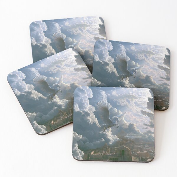 Item preview, A majestic Pegasus flying through brilliant white clouds above ancient temples, Fantasy & Mythological Creatures designed and sold by CDC40.