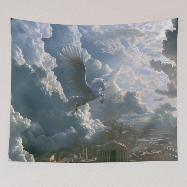 Item preview, A majestic Pegasus flying through brilliant white clouds above ancient temples, Fantasy & Mythological Creatures designed and sold by CDC40.