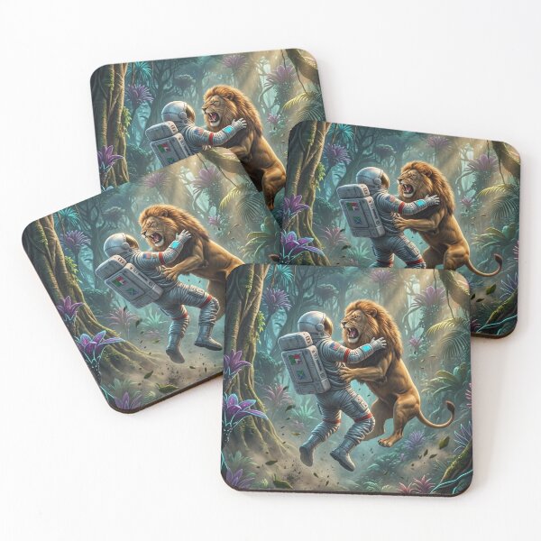 Item preview, Astronaut vs Majestic Lion in a Cosmic Jungle | Pop Surrealism Wilderness Art designed and sold by Rain-Road.