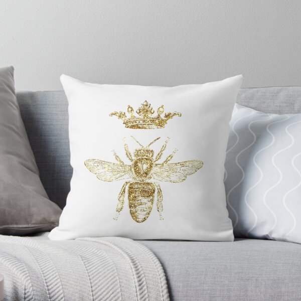 Royal King or Queen Bee Design Hand Drawn Vintage Look Artwork Gold Throw Pillow