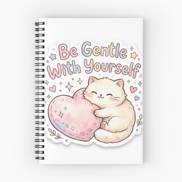 Item preview, be gentle with yourself, cute cat, kawaii cat, cat hugging heart, positive quote, self love, mental health, motivational quote, pastel cute, cat lover, kindness, inspirational, pink heart, wellness designed and sold by Elhocinr.