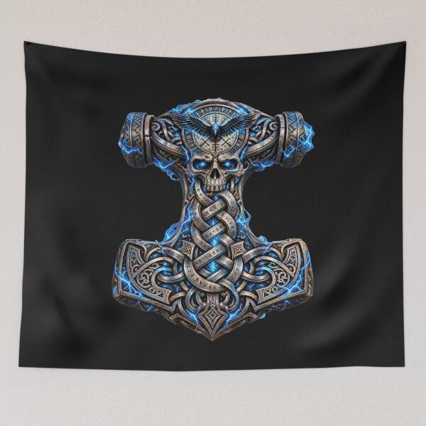 Item preview, Norse Thunder Hammer – Viking Skull, Raven & Nordic Runes designed and sold by artistwill.