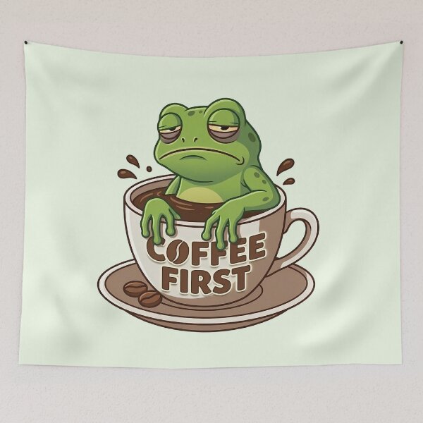 Artikelvorschau, Müder Comic Frosch in Kaffeetasse Coffee First entworfen und verkauft von design-rebell.