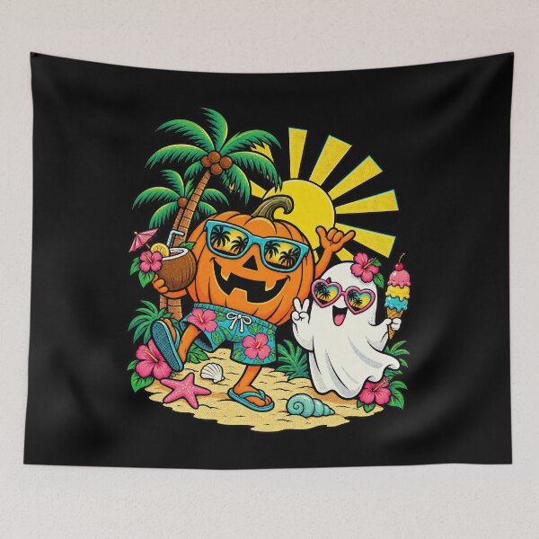 Item preview, Summerween Tropical Beach Carved Pumpkin Sunset Fun Artwork designed and sold by Aqouiatiqe.