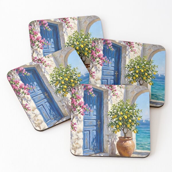Item preview, Mediterranean Sunlit Blue Door by the Sea – Coastal Cottage Art designed and sold by Jaani-T.