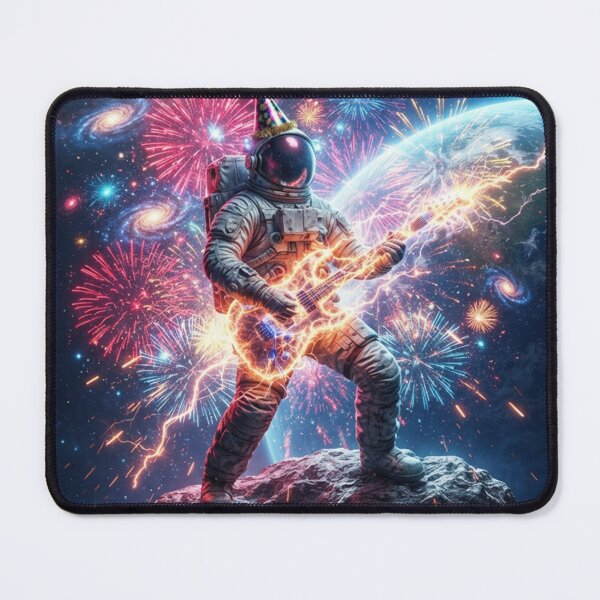 Item preview, Rocking New Year Space Guitarist Astronaut Surreal Cosmic Art Poster designed and sold by Rain-Road.