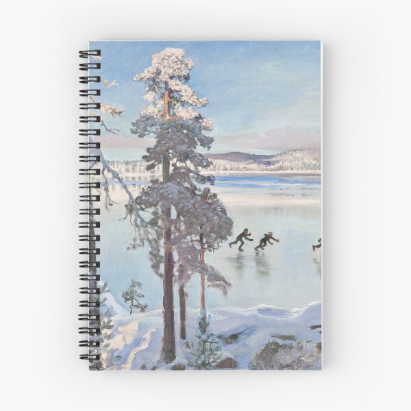 Item preview, Winter ice skaters near the Shore of Kalela snowy slow living cottage core landscape painting by Akseli Gallen-Kallela designed and sold by Jéanpaul  Ferro.