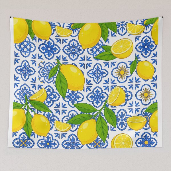Item preview, Mediterranean Lemon and Cobalt Blue Ceramic Tile Pattern designed and sold by Jaani-T.