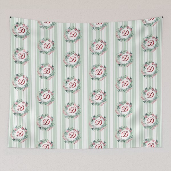 Item preview, D Initial Christmas Wreath with Green Striped Background designed and sold by Feeling Artsy.