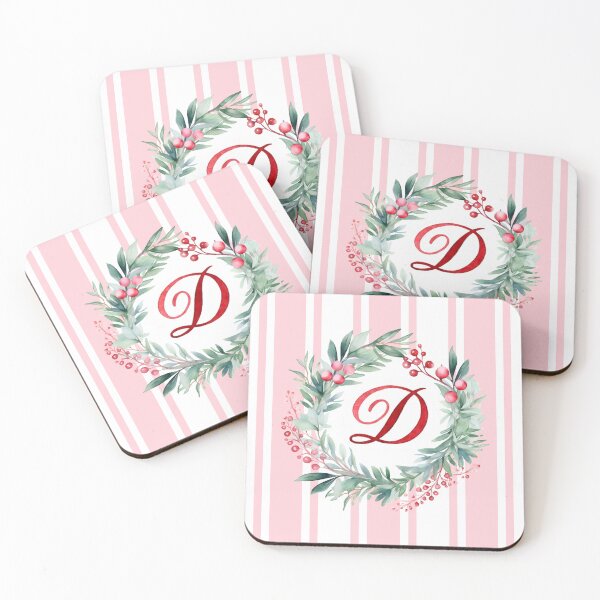 Item preview, D Initial Christmas Wreath with Pink Striped Background designed and sold by Feeling Artsy.