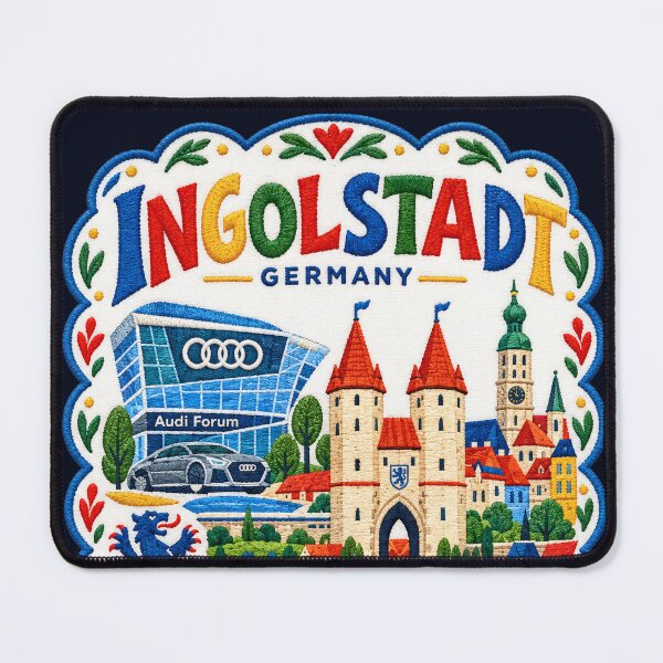 Item preview, Ingolstadt Germany Kreuztor and Automotive Heritage Embroidered Travel Art designed and sold by Witsprings.